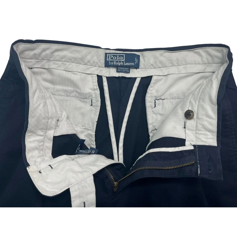 vtg 90s Polo Ralph Lauren 31x30 Navy Blue Ethan Pants Chino Cotton Pleated Mens